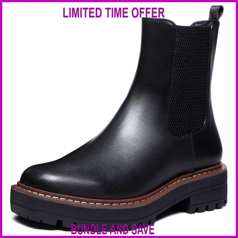 Leather Platform Chelsea Boots Slip On Chunky Heel Lug Sole